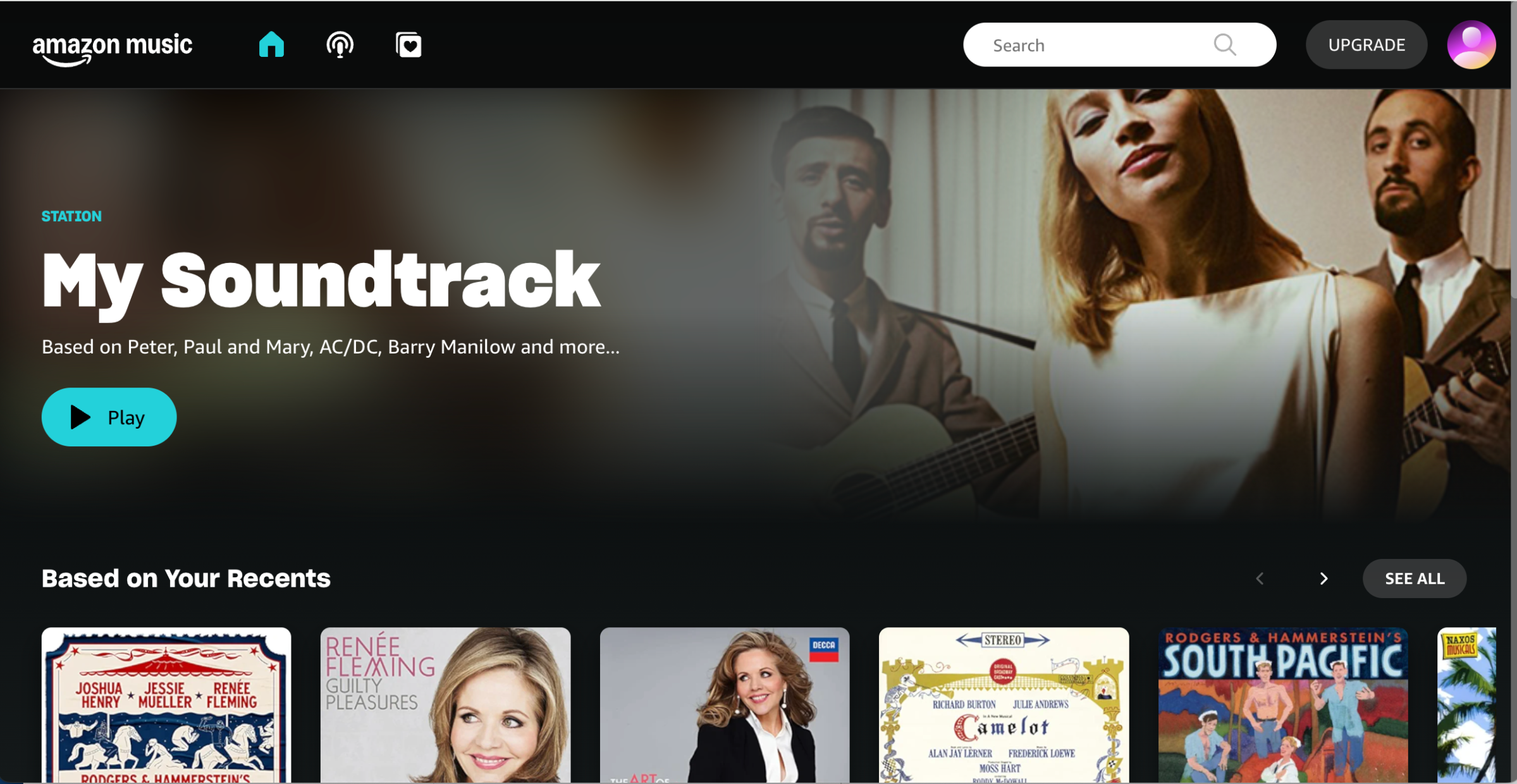Amazon Music main page, headed My Sountrack, with several albums showing under the heading “Based on Your Recents”